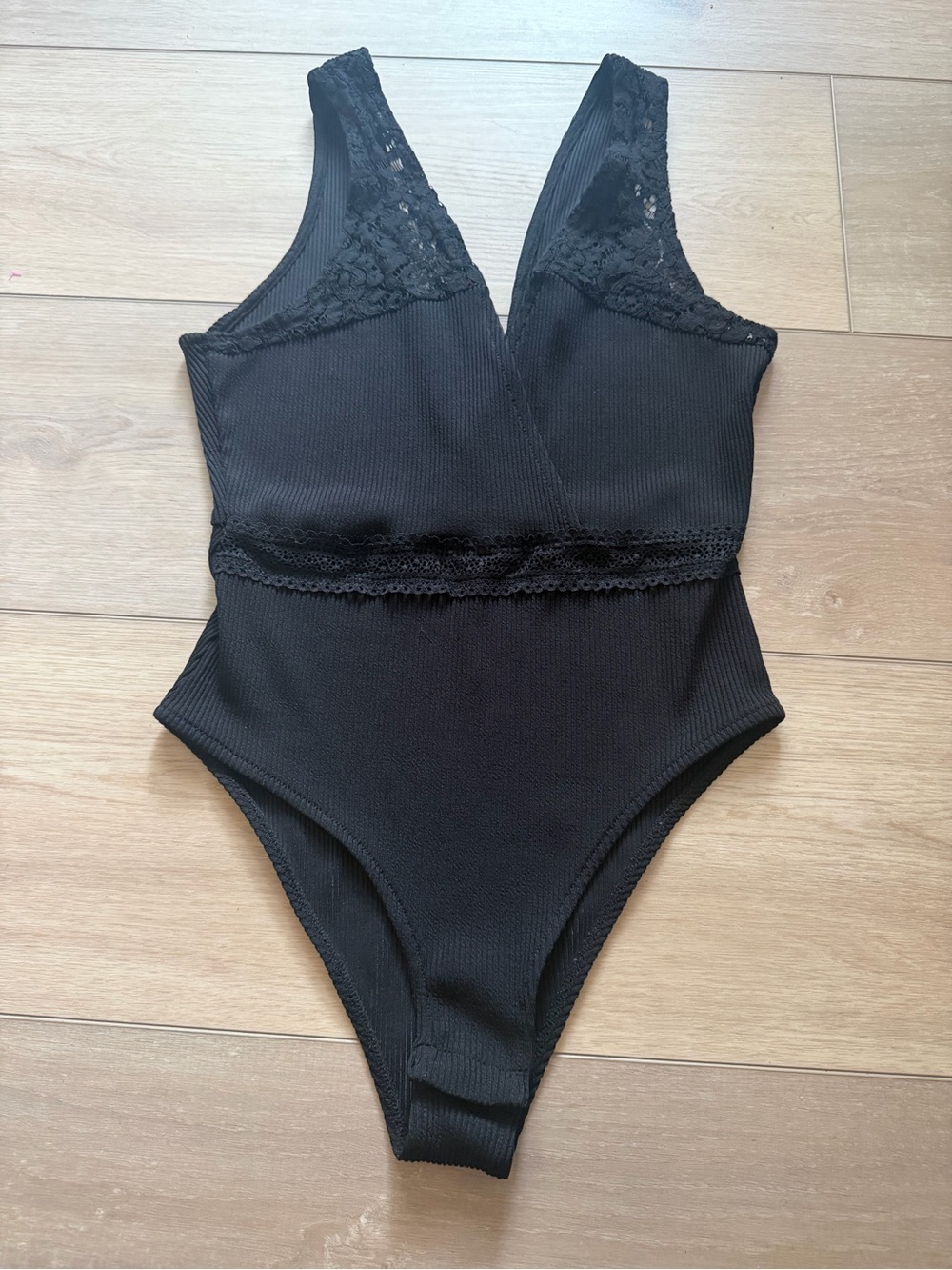 Topshop Black Lace-Trim Ribbed One-Piece Bodysuit
